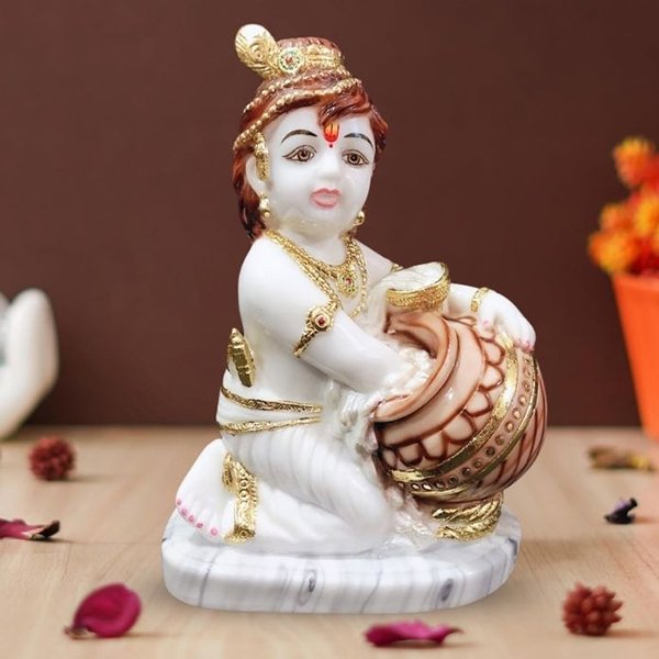 Bal Krishna Makhan Chor idol showpiece for home decor (Marble with foil work) – 10 inch
