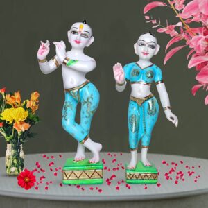Jugal Jodi Radha & Krishna Idol Showpiece for Home Decor (Sky Blue) Golden Foil Work | Marble - 18 Inch