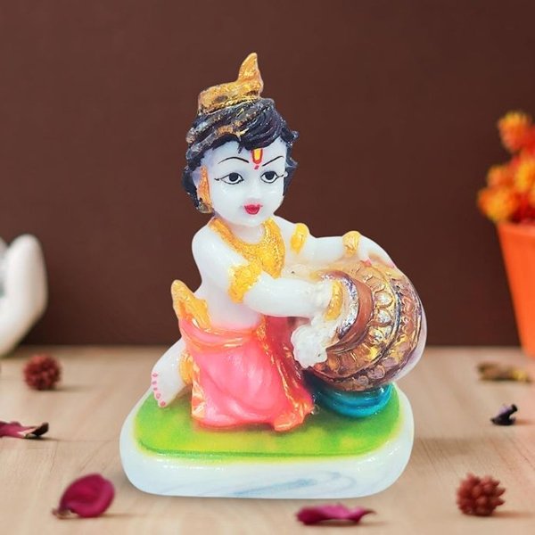 Makhan Chor Krishna idol showpiece for home decor (Marble) - 6 inch