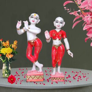 Jugal Jodi Radha & Krishna Idol Showpiece for Home Decor (Red) Golden Foil Work | Marble - 18 Inch