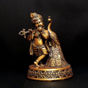 Antique Bal Krishna with Peacock Idol Showpiece (Antique Gold) Polyresin - 7.5 Inch