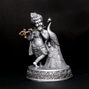 Antique Bal Krishna with Peacock Idol Showpiece (Silver) Polyresin - 7.5 Inch