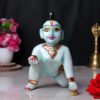 Laddu Gopal Krishna Idol Showpiece for Home Decor, Golden Foil Work (Blue) Marble - 7 Inch