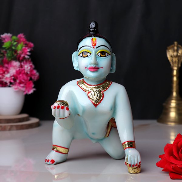 Laddu Gopal Krishna Idol Showpiece for Home Decor, Golden Foil Work (Blue) Marble - 7 Inch