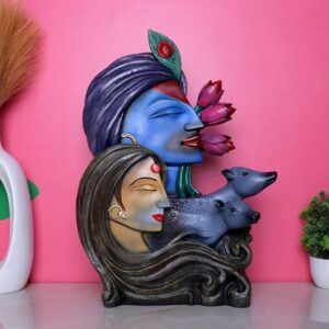 Antique Radha-Krishna with Cow Showpiece for Home Decor (Polyresin) - 12 Inch