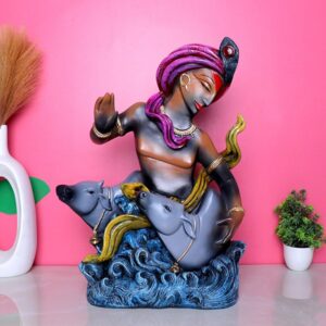 Antique Krishna with Cow Idol Showpiece for Home Decor (Polyresin) - 14.5 Inch