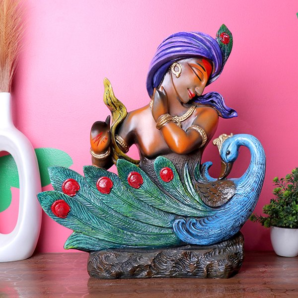 Antique Krishna with Peacock Showpiece for Home Decor (Polyresin) - 16 Inch