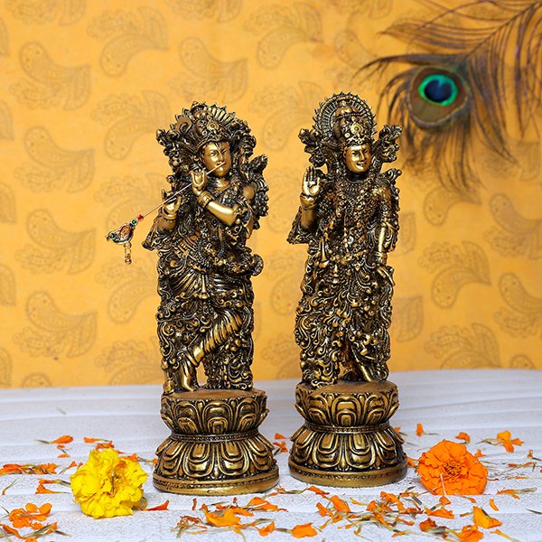 Antique Radha-Krishna for Home Decor (Golden) Polyresin – 9 Inch