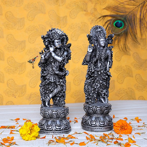 Antique Radha-Krishna for Home Decor (Silver) Polyresin – 9 Inch