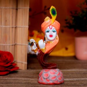 Flute Krishna Idol Showpiece for Home Decor (Orange & Brown) Marble – 7 Inch