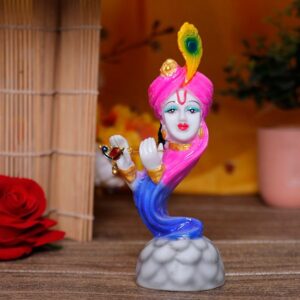 Flute Krishna Idol Showpiece for Home Decor (Pink & Blue) Marble – 7 Inch