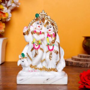 Radha Krishna Marble Divine Idol With Golden Foil Work - 7 Inch